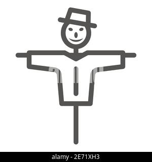 Icona della linea dello Scarecrow, concetto di giardino e giardinaggio, cartello della guardia del giardino su sfondo bianco, icona dello scarecrow della fattoria in stile outline per dispositivi mobili Illustrazione Vettoriale