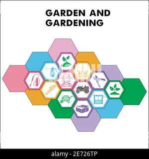 Giardino moderno e giardinaggio modello di disegno infografico con le icone. Agricoltura visualizzazione infografica in bolla su sfondo bianco Illustrazione Vettoriale