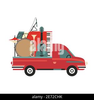 Strumenti musicali sull'icona vettoriale vintage di Pickup Truck Illustrazione Vettoriale