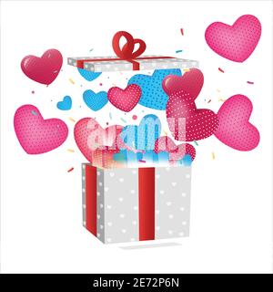 San Valentino design. Aprite la confezione regalo piena di materiali decorativi per le feste. Illustrazione Vettoriale