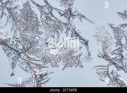 Cristalli di ghiaccio che si formano su vetro Foto Stock