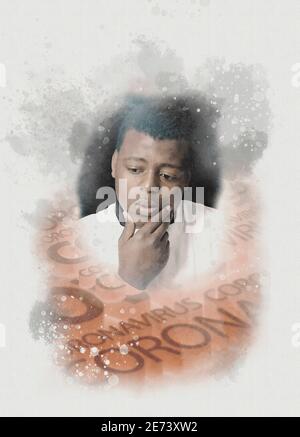 Uomo preoccupato per il coronavirus, immagine composita Foto Stock