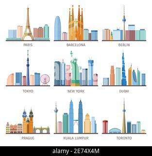 Le icone dei skyline della città si ambianano in tutto il mondo con la Torre Eiffel E Statua della libertà isolato vettore illustrazione piatta Illustrazione Vettoriale