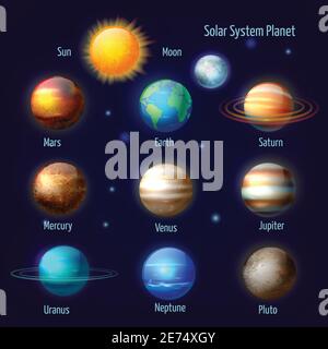 Sistema solare 8 pianeti e plutone con set di pittogrammi solari poster astratto colorato astronomico vettore astratto illustrazione isolata Illustrazione Vettoriale