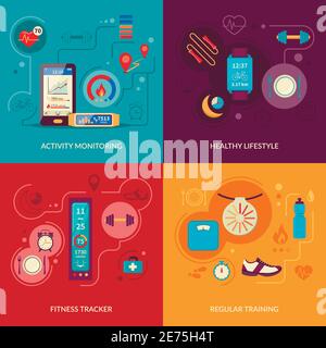 Fitness tracker 2x2 concetto di design con uno stile di vita sano regolare icone di addestramento fisico e monitoraggio delle attività illustrazione vettoriale Illustrazione Vettoriale