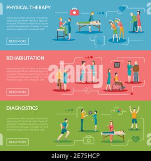 Fisioterapia Banners orizzontali Set di diagnostica e centro di riabilitazione con illustrazione vettoriale piatta del paziente e dell'apparecchiatura del personale medico Illustrazione Vettoriale