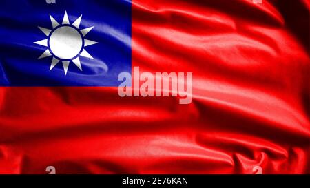 Bandiera taiwanese che oscilla nel vento. Primo piano di Taiwan banner soffiante, seta morbida e liscia. Tessuto tessuto tessuto tessitura segno sfondo. Usalo per la nazione Foto Stock
