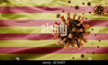 Bandiera della Catalogna sventolando e concetto di Coronavirus 2019 nCov. Focolaio europeo nei territori catalani, coronavirus influenza come pericoloso ceppo influenzale cas Foto Stock