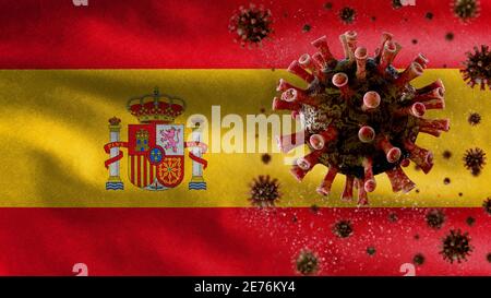 Influenza coronavirus fluttuante sulla bandiera spagnola, un patogeno che attacca le vie respiratorie. Spagna striscione ondulato con pandemia di infezione da virus Covid19 Foto Stock