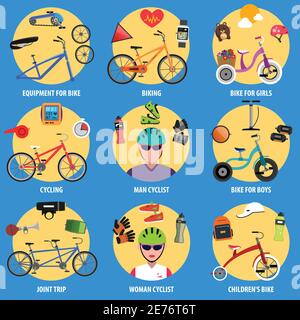 Icone decorative per biciclette con avatar per ciclisti uomo e donna illustrazione vettoriale isolata Illustrazione Vettoriale