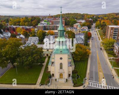 Trinity Lutheran Church at 73 Lancaster Street nel centro storico di Worcester, Massachusetts, Massachusetts, Stati Uniti. Foto Stock