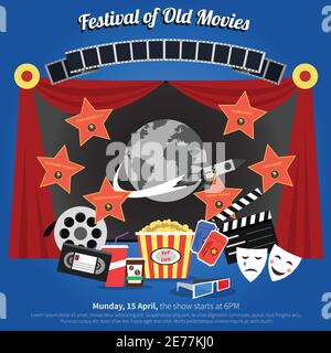 Poster del festival cinematografico con simboli dell'industria cinematografica illustrazione vettoriale piatta Illustrazione Vettoriale