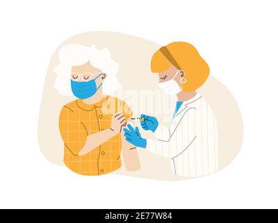 Il medico o l'infermiere inietta il vaccino. Il paziente è una donna anziana. Concetto di vaccinazione antinfluenzale, vaccino virale. Immagine piatta vettoriale EPS 10. Illustrazione Vettoriale