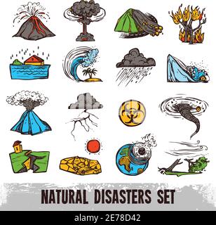 Disastri naturali abbozzo colore insieme con uragano tornado e tsunami illustrazione vettoriale isolata Illustrazione Vettoriale
