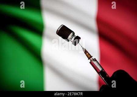 Polonia. 24 gennaio 2021. In questa illustrazione fotografica un flaconcino di vaccino Pfizer-BioNtech COVID-19 e una siringa medica sono visualizzati sopra una bandiera italiana. Credit: Vito Corleone/SOPA Images/ZUMA Wire/Alamy Live News Foto Stock