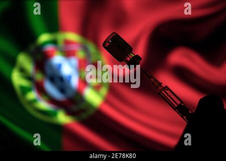 Polonia. 24 gennaio 2021. In questa illustrazione fotografica un flaconcino di vaccino Pfizer-BioNtech COVID-19 e una siringa medica sono visualizzati sopra la bandiera portoghese. Credit: Vito Corleone/SOPA Images/ZUMA Wire/Alamy Live News Foto Stock