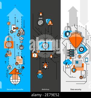 Linea di protezione dati banner verticali con posta per computer portatile e. illustrazione vettoriale isolata in piano con frecce Illustrazione Vettoriale