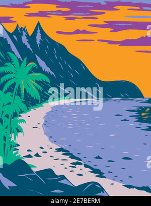 WPA poster art del Parco Nazionale delle Samoa Americane Ofu spiaggia, nel territorio degli Stati Uniti di Samoa Americane isola di Ofu, fatto in opere progetti Illustrazione Vettoriale