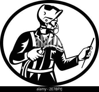 Illustrazione del saldatore che indossa un respiratore a mezza maschera e. vista laterale della torcia di saldatura in posizione di tenuta all'interno dell'ovale eseguita nella retro taglio legno nero e bianco Illustrazione Vettoriale