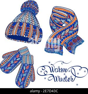 Inverno caldo accessori lavorato a maglia pittogrammi di capello mittens e sciarpa colorato doodle stile astratto vettore isolato illustrazione Illustrazione Vettoriale