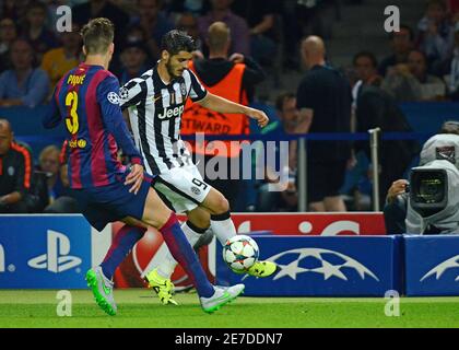 BERLINO, GERMANIA - 6 GIUGNO 2015: Alvaro Morata è stata raffigurata durante la finale della UEFA Champions League 2014/15 tra Juventus Torino e FC Barcelona all'Olympiastadion. Foto Stock