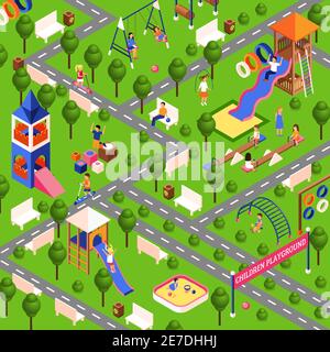 Illustrazione del parco giochi per bambini con illustrazione vettoriale dell'attrezzatura isometrica del parco Illustrazione Vettoriale