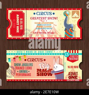 Grande spettacolo di magia Circus con animali addestrati due ingressi d'epoca i modelli ticket impostano l'illustrazione vettoriale isolata astratta Illustrazione Vettoriale