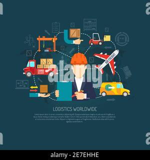 Operatore di servizi di società di logistica mondiale che coordina il trasporto internazionale del carico e. vettore astratto poster di sfondo del diagramma di flusso di consegna Illustrazione Vettoriale