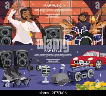 Musica rap e stile hip-hop orizzontale banner set vettore isolato illustrazione Illustrazione Vettoriale