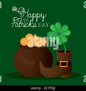 happy st patricks giorno scritta, stivale con un trifoglio e pentola piena di monete d'oro Illustrazione Vettoriale