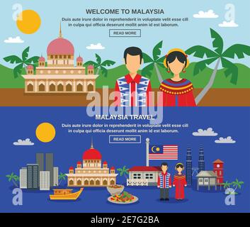 Cultura della Malesia per i viaggiatori con il famoso paesaggio notturno delle torri gemelle 2 striscioni orizzontali piatti composizione vettoriale illustrazione isolata Illustrazione Vettoriale