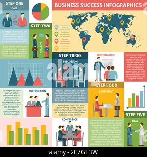 Infografica cinque fasi per il successo diagrammi di business grafici e icone flat vettoriale illustrazione. Illustrazione Vettoriale