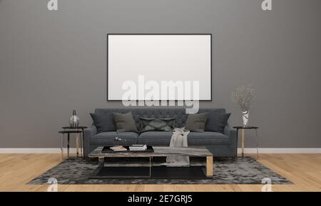 Rendering 3D di un salotto moderno con uno spazio vuoto cornice sulla parete Foto Stock