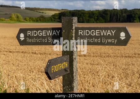 Indicazioni stradali sul sentiero Ridgeway (con accesso limitato) vicino a Wayland's Smithy on the Downs sopra la vale of the White Horse nell'Oxfordshire, Regno Unito Foto Stock