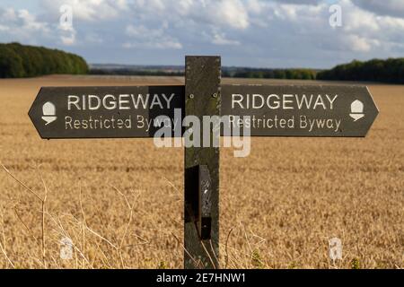 Indicazioni stradali sul sentiero Ridgeway (con accesso limitato) vicino a Wayland's Smithy on the Downs sopra la vale of the White Horse nell'Oxfordshire, Regno Unito Foto Stock
