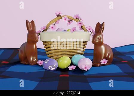 Scena di Pasqua all'uovo di cioccolato semplice e colorata. Illustrazione 3D Foto Stock