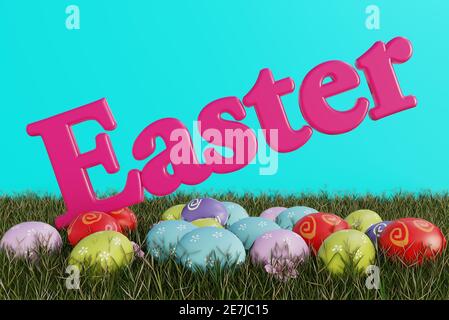 Scena di Pasqua all'uovo di cioccolato semplice e colorata. Illustrazione 3D Foto Stock