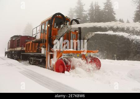 30 gennaio 2021, Sassonia-Anhalt, Wernigerode: Una speciale spazzaneve è usata per tenere le piste chiare alla stazione di Drei-Annen-Hohne. Dopo le forti nevicate della notte fino a sabato, le piste dell'Harzer Schmalspurbahn HSB sono state innevate. Foto: Mathias Bein/dpa-Zentralbild/dpa Foto Stock