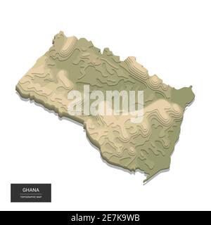 Mappa del Ghana - Mappa topografica digitale 3D ad alta quota. Illustrazione vettoriale 3D. Rilievo colorato, terreno accidentato. Cartografia e topologia. Illustrazione Vettoriale