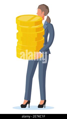 Uomo d'affari riuscito che tiene la pila delle monete grandi del dollaro. Donna d'affari con moneta d'oro. Successo aziendale, trionfo, obiettivo o successo. Vincita della concorrenza. Illustrazione vettoriale stile piatto Illustrazione Vettoriale