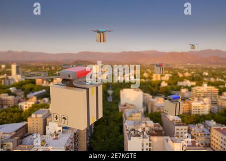 Diversi droni che volano su una città con scatole di cartone. Concetto di consegna dei droni. illustrazione 3d. Foto Stock