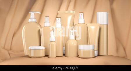 Prodotti cosmetici di lusso in confezione beige, tubi e bottiglie su sfondo beige. illustrazione 3d Foto Stock