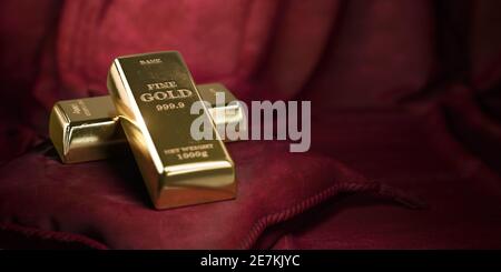 Golden bar o lingotti su fondo rosso velluto cuscino. illustrazione 3d Foto Stock