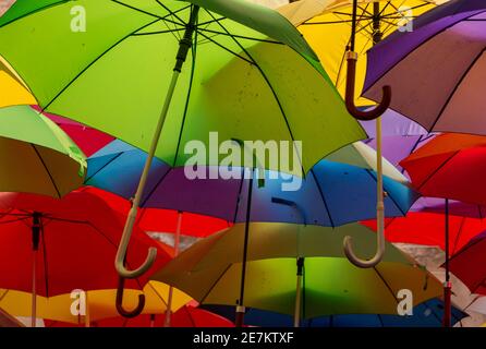 Un'immagine di un mazzo di ombrelli colorati in mostra a Spalato. Foto Stock