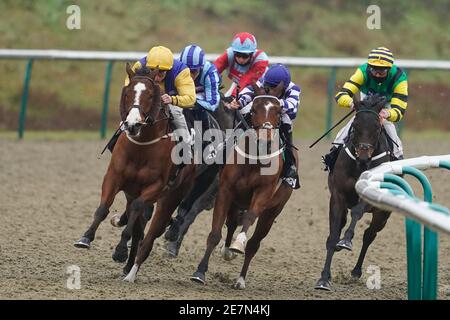 I corridori e i corridori si trasformano nel diritto nel handicap di Betway all'Ippodromo di Lingfield. Data immagine: Sabato 30 gennaio 2021. Foto Stock