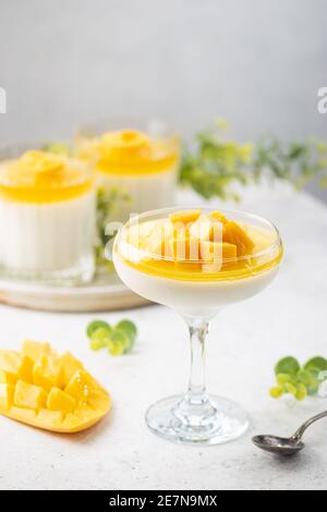 Panna cotta da dessert italiana con mango in vetro su sfondo bianco Foto Stock