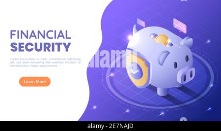 3d Isometric Web Banner Piggy Bank piena di soldi con uno scudo su sfondo blu sfumato. Sicurezza finanziaria e concetto di protezione del denaro. Illustrazione Vettoriale