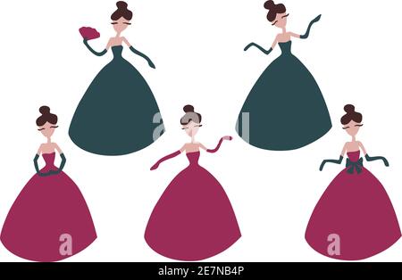 Insieme vettoriale con il personaggio di signora cartone animato. Signore in abiti colorati e guanti in diverse posizioni. Donna con un fan e bowknot. Illustrazione Vettoriale