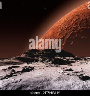 Vista di Marte dalla superficie lunare di Phobos, illustrazione 3D Foto Stock