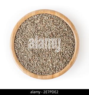 Semi di anice in ciotola di legno isolato su sfondo bianco con tracciato di ritaglio Foto Stock
